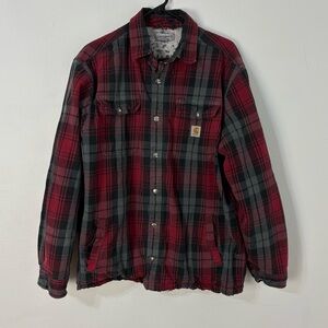 Carhartt Men's Red Black Plaid Flannel Shirt Jacket Size L Thrashed Sherpa Lined